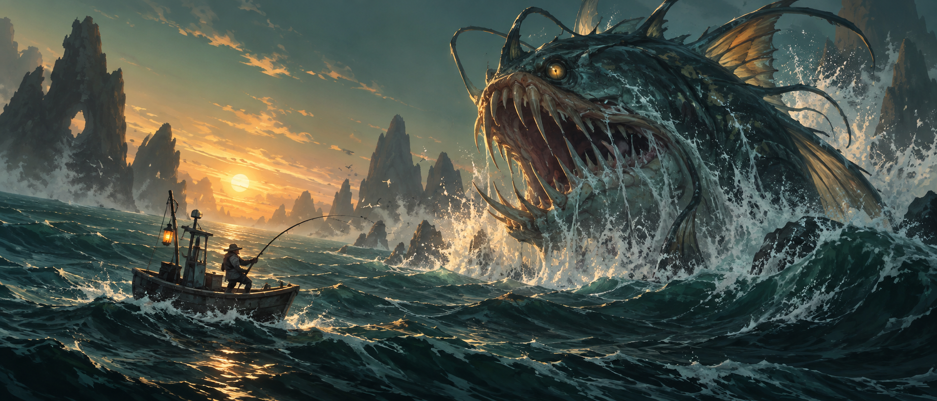 Original illustration of a fishing boat facing an imagined deep-sea creature