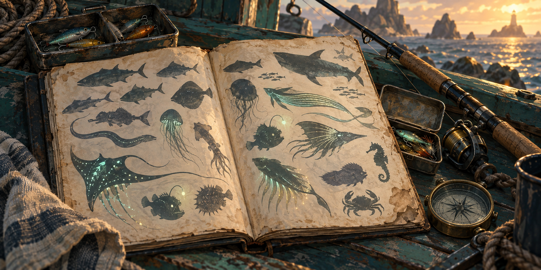 Original illustration of an explorer's fish field journal and fishing tackle